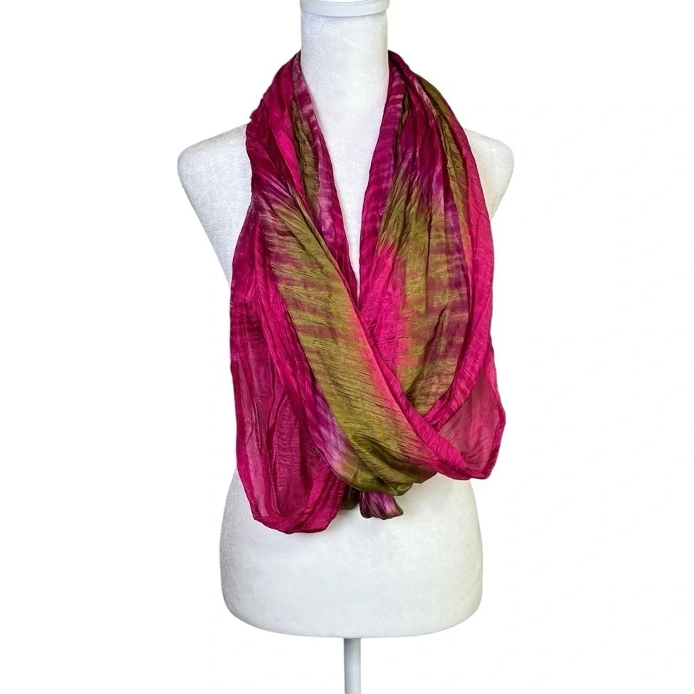 VTG Infinity Scarf Shawl Cowl Wrap Fuchsia Olive Green Silky Boho Colorful Chic